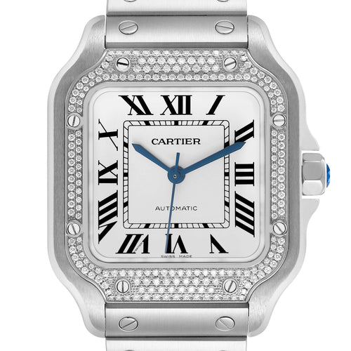 Cartier Santos De Cartier Watch, Medium Model, Automatic Movement, Steel And Diamonds W4SA0005