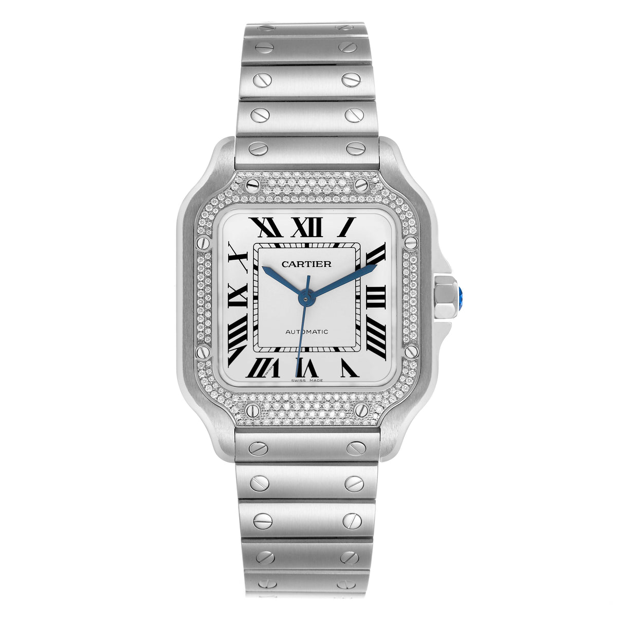 Cartier Santos De Cartier Watch, Medium Model, Automatic Movement, Steel And Diamonds W4SA0005