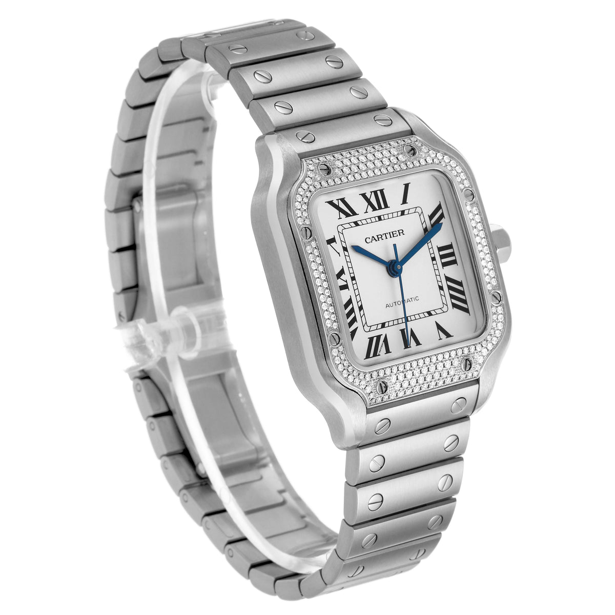 Cartier Santos De Cartier Watch, Medium Model, Automatic Movement, Steel And Diamonds W4SA0005