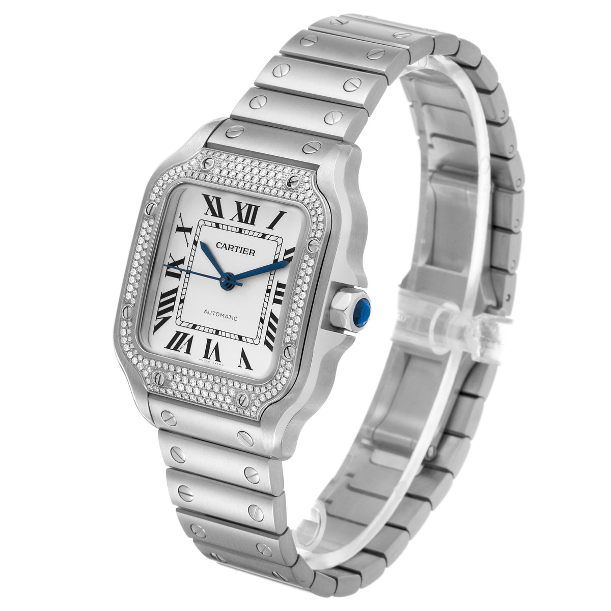 Cartier Santos De Cartier Watch, Medium Model, Automatic Movement, Steel And Diamonds W4SA0005