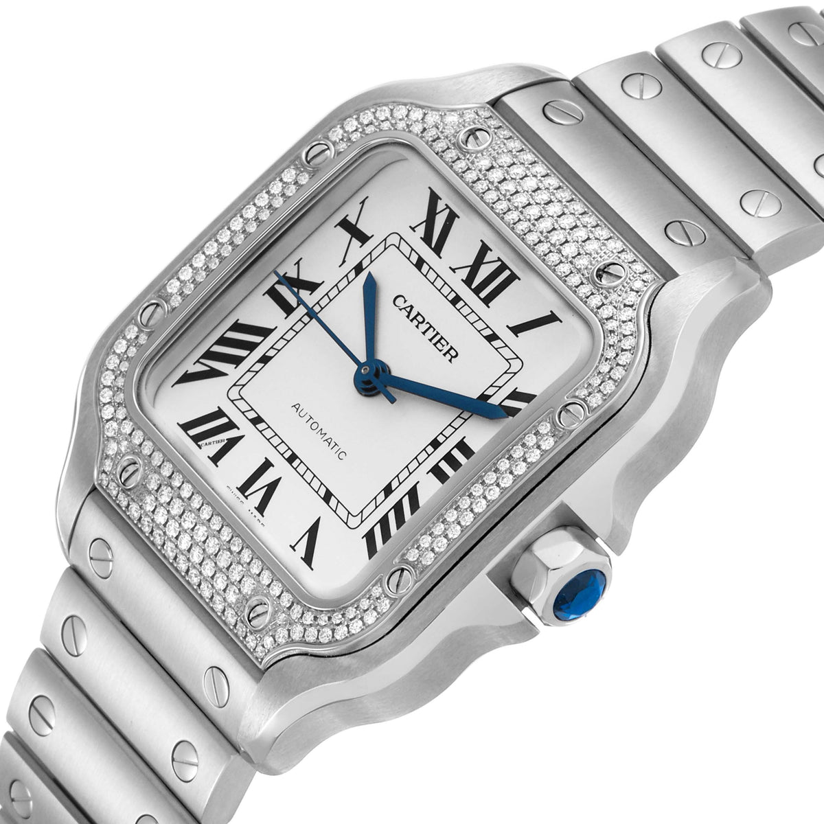 Cartier Santos De Cartier Watch, Medium Model, Automatic Movement, Steel And Diamonds W4SA0005